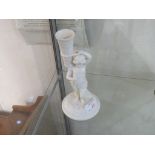 BLANC DE CHINE PORCELAIN FIGURAL CANDLE HOLDER, INCISED LETTER M