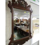 RECTANGULAR MIRROR IN MAHOGANY FRAME CARVED WITH BIRD