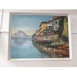 FRAMED OIL ON CANVAS OF LAKE SIDE SCENE SIGNED POVERELLE