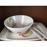 CROWN DEVON CHINA TRAY, SALAD BOWL AND SERVERS DECORATED WITH FRUIT AND FISH.