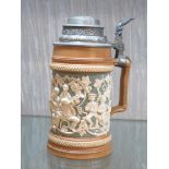 19TH CENTURY VILLEROY AND BOCH STONEWARE TANKARD, WITH INSCRIPTION TO THE HINGED LID