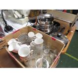 DRINKING GLASSES, CHINA MUGS, POTS AND PANS.