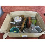 BOX OF VINTAGE ITEMS INCLUDING TEAPOT, TOBACCO TINS, TABLE LIGHTER AND BEER MUG.