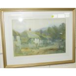 ROAD WITH THATCHED COTTAGES, SIGNED ALFRED LEYMAN LOWER LEFT, 35.5CM X 53CM, GLAZED AND IN A