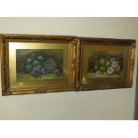 PAIR OF STILL LIFE OIL ON BOARDS DEPICTING FLOWERS AND FRUIT, BOTH SIGNED G CHESTER (?), GLAZED