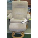 STRESSLESS SWIVEL RECLINING ARMCHAIR IN BEIGE TEXTILE UPHOLSTERY WITH MATCHING FOOT STOOL (OVERALL