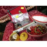 METAL JEWELLERY BOX WITH CONTENTS OF BRACELETS AND LADIES WRIST WATCH AND OTHER COSTUME ITEMS (A