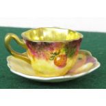 MINIATURE HAND-PAINTED PORCELAIN CUP AND SAUCER DECORATED WITH FRUIT, SIGNED