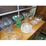 VARIOUS CUT GLASS AND MOULDED GLASS VASES AND BOWLS.