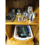 LARGE SELECTION OF STAINLESS STEEL CUTLERY AND STAINLESS STEEL DINING WARE (TWO SHELVES)