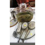 SILVER-PLATED TRAY AND TEA SET, VINTAGE DRESSING TABLE BRUSHES AND OTHER ITEMS.
