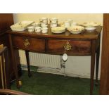 19TH CENTURY MAHOGANY BOW-FRONTED TWO-DRAWER SERVING TABLE WITH BRASS HANDLES, ON TAPERING LEGS WITH