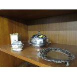 RONSON SILVER PLATED TABLE LIGHTER , SILVER-PLATED MUFFIN DISH, TRAY, AND A QUARTZ CARRIAGE CLOCK.