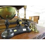 SET OF LIBRASCO WEIGHING SCALES TOGETHER WITH BRASS WEIGHTS.