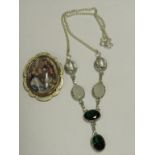 VINTAGE THOMAS L MOTT PORCELAIN BROOCH, AND A 925 WHITE METAL NECKLACE SET WITH FACETED CLEAR,