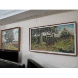 TWO ACRYLIC ON BOARDS - 'AUTUMN TREES' AND 'GREEN AND PLEASANT LAND', SIGNED LINES, TITLE LABEL JOHN