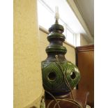LARGE GREEN GLAZED POTTERY TABLE LAMP WITH FABRIC SHADE