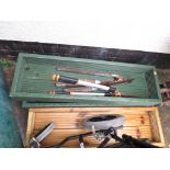 THREE WOODEN GARDEN TROUGHS, TWO PAIRS OF SHEARS AND A PAIR OF LOPPERS