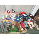 SMALL SELECTION OF VINTAGE PLAY WORN ACTION FIGURES TOGETHER WITH PIN BADGES.