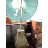 BRONZED CAST METAL TABLE LAMP SHAPED AS AN ARCHAIC CHINESE VESSEL, WITH TWO FABRIC SHADES (NEEDS