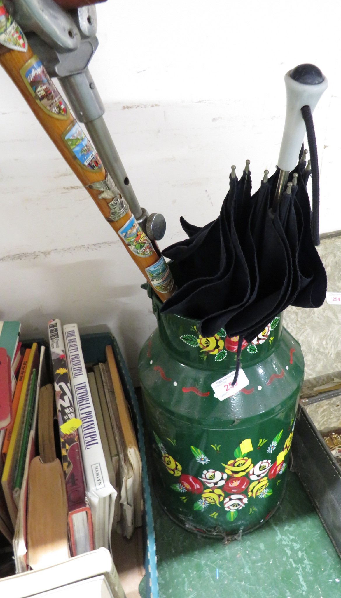 HAND PAINTED MILK CHURN, SHOOTING STICK AND UMBRELLA