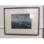 FRAMED AND GLAZED PRINT OF SEA BIRDS, ENDORSED IN PENCIL HANS FRANK