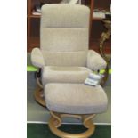 STRESSLESS SWIVEL RECLINING ARMCHAIR IN BEIGE TEXTILE UPHOLSTERY WITH MATCHING FOOT STOOL (OVERALL