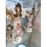 PAIR OF LARGE PORCELAIN VASES WITH FLORAL MOULDING AND PAINTING