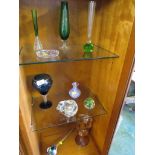 THREE SHELVES OF GLASS WARE INCLUDING GOBLET, VASES AND PAPERWEIGHT.