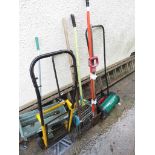 QUALCAST MANUAL LAWN MOWER, SCARIFIER, SEED SPREADER, SACK TROLLEY AND GARDEN HAND TOOLS ETC (A/F)