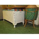 WHITE PAINTED BLANKET BOX TOGETHER WITH WICKER LAUNDRY BIN.