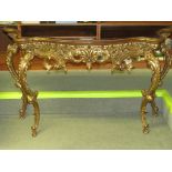 REPRODUCTION CONSOLE TABLE WITH ORNATE GILT WOOD MOULDINGS AND MIRROR TOP