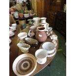 CHINA AND POTTERY VASES, FLOWER VASES, STONEWARE HOT WATER BOTTLE AND OTHER ITEMS.
