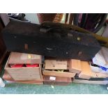 ASSORTED BOXES WITH CONTENTS OF HAND TOOLS, DRILL BITS, BRASS ITEMS ETC.
