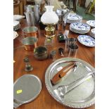 STAINLESS STEEL ICE BUCKETS, PAIR OF GEORG JENSEN STAINLESS SALAD SERVERS , TWO HIP FLASKS, AND