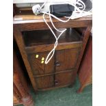 STAINED OAK TWO TIER CUPBOARD WITH BAKELITE HANDLES.