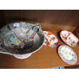 ORIENTAL CERAMICS INCLUDING LARGE TWO-HANDLED BOWL AND THREE PLATES.