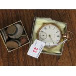 GOLD-PLATED WALTHAM POCKET WATCH WITH A BOX, AND A SMALL QUANTITY OF WORLD COINS