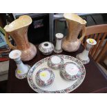 PAIR OF SYLVAC POTTERY ART DECO STYLE JUGS, TOGETHER WITH A CERAMIC DRESSING TABLE SET WITH FLORAL