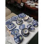 SELECTION OF BLUE AND WHITE PATTERN CHINA INCLUDING WILLOW PATTERN , ROYAL DOULTON CUPS AND SAUCERS,