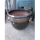 LARGE BLACK GLAZED CERAMIC GARDEN POT