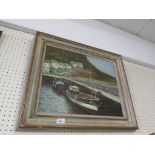 OIL ON CANVAS OF FISHING BOATS IN HARBOUR, SIGNATURE LOWER RIGHT, IN A WEATHERED FRAME
