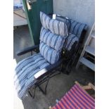 PAIR OF BLUE FOLDING GARDEN CHAIRS WITH STRIPED CUSHIONS
