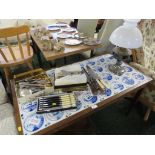 MID WOOD COFFEE TABLE, THE TOP INSET WITH DELFT STYLE TILES