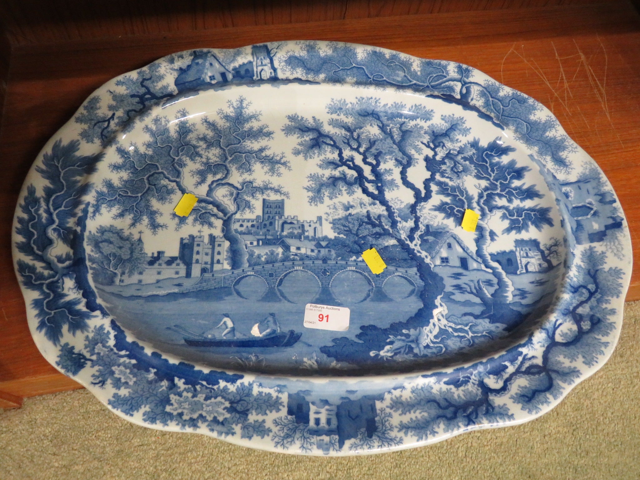 LARGE BLUE AND WHITE PATTERN CHINA CHARGER DEPICTING TREES, BRIDGE, RIVER AND CATTLE SCENE (AF)