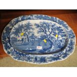 LARGE BLUE AND WHITE PATTERN CHINA CHARGER DEPICTING TREES, BRIDGE, RIVER AND CATTLE SCENE (AF)