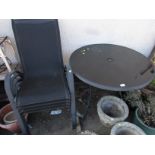 BLACK GLASS TOPPED CIRCULAR METAL FOLDING PATIO TABLE AND FOUR CHAIRS WITH FIBRE SEATS