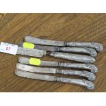 VICTORIAN SILVER TEA KNIFE WITH FILLED SILVER HANDLE; AND FIVE TEA KNIVES WITH SHEFFIELD SILVER