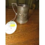 VICTORIAN SILVER TANKARD EMBOSSED WITH ANIMALS AND ENGRAVED WITH INTERLINKED INITIALS, MARKS FOR