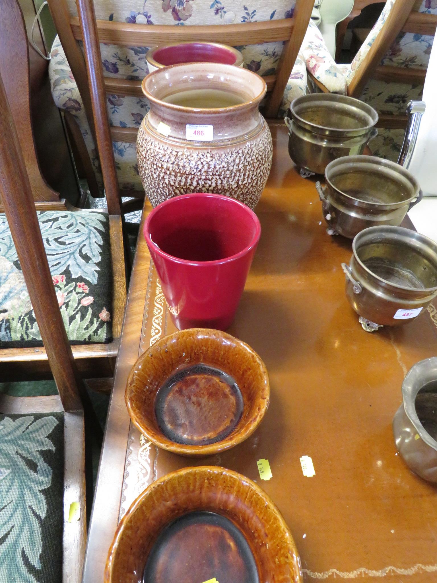 DENBY STONEWARE VASE, TWO OTHER CHINA VASES AND TWO POTTERY BOWLS.